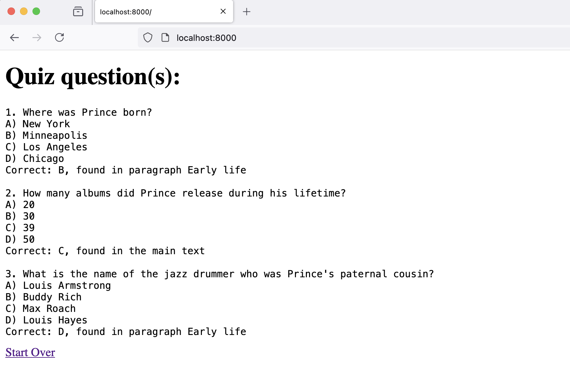 A screenshot of quiz questions generated by Quiz Bot.