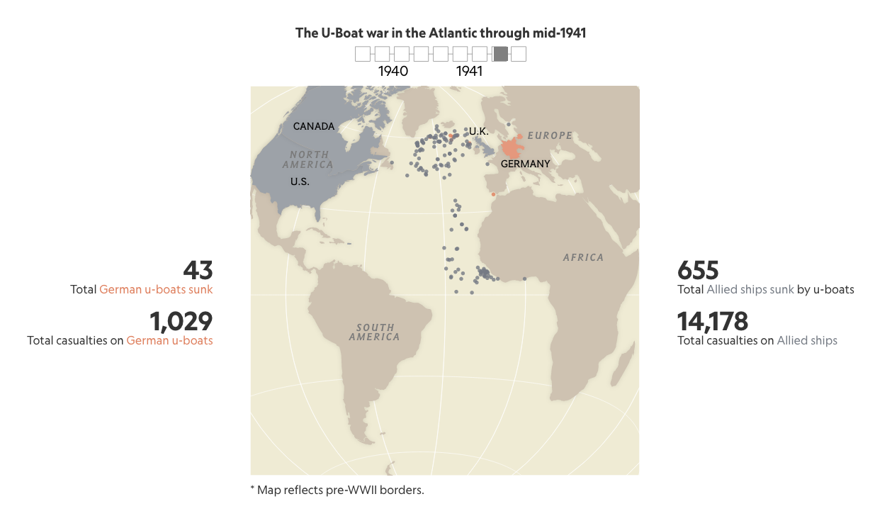 A screenshot of map showing where ships were sunk in WWII along with casualty statistics.